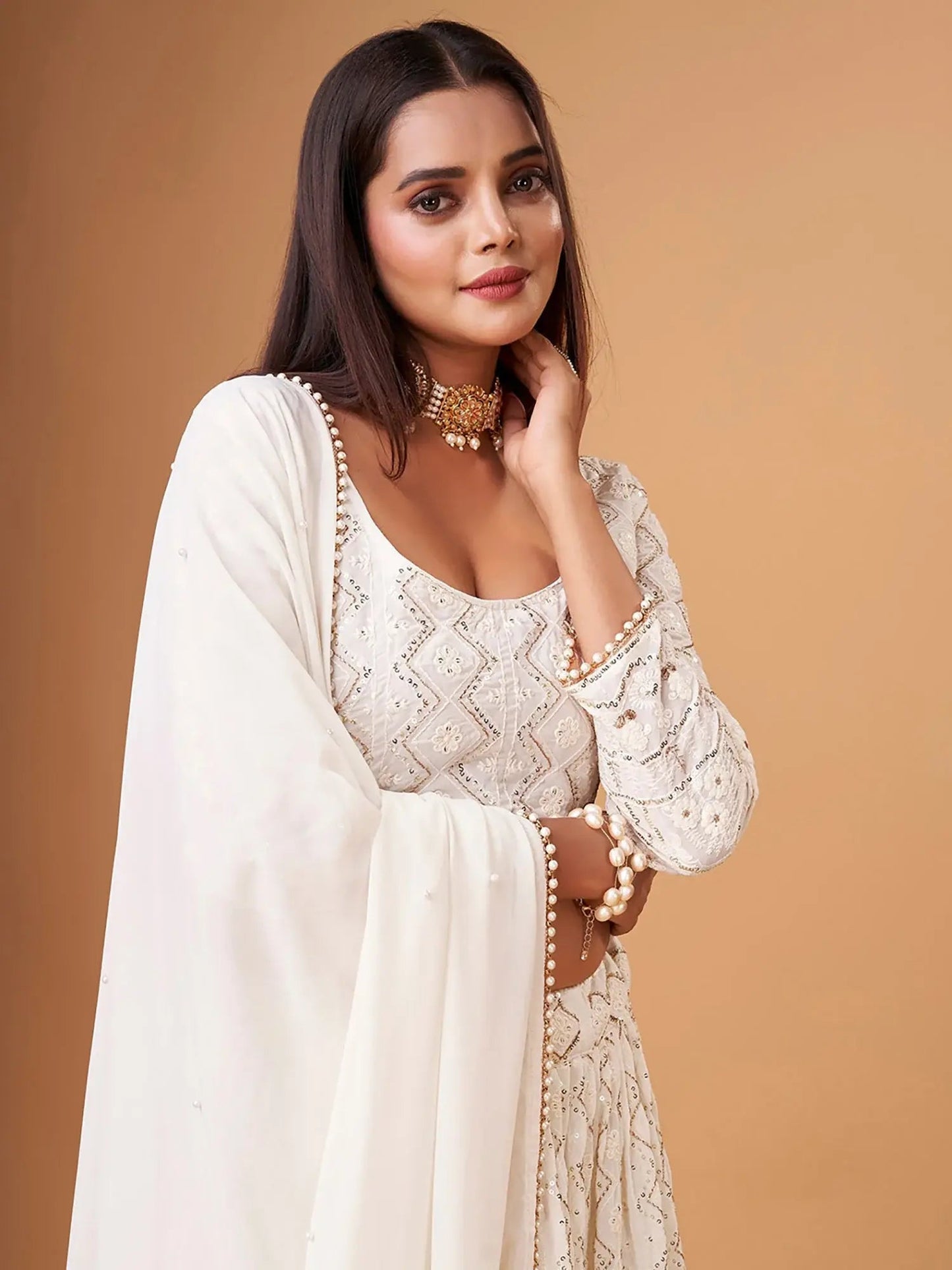 Mesmerizing White Thread Work Georgette Lehenga Choli With Dupatta - Zeel Clothing