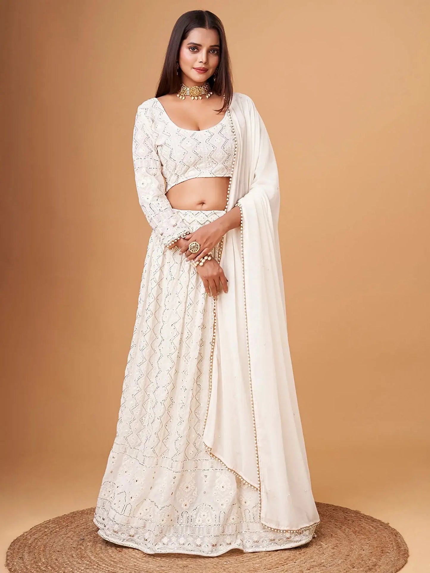 Mesmerizing White Thread Work Georgette Lehenga Choli With Dupatta - Zeel Clothing