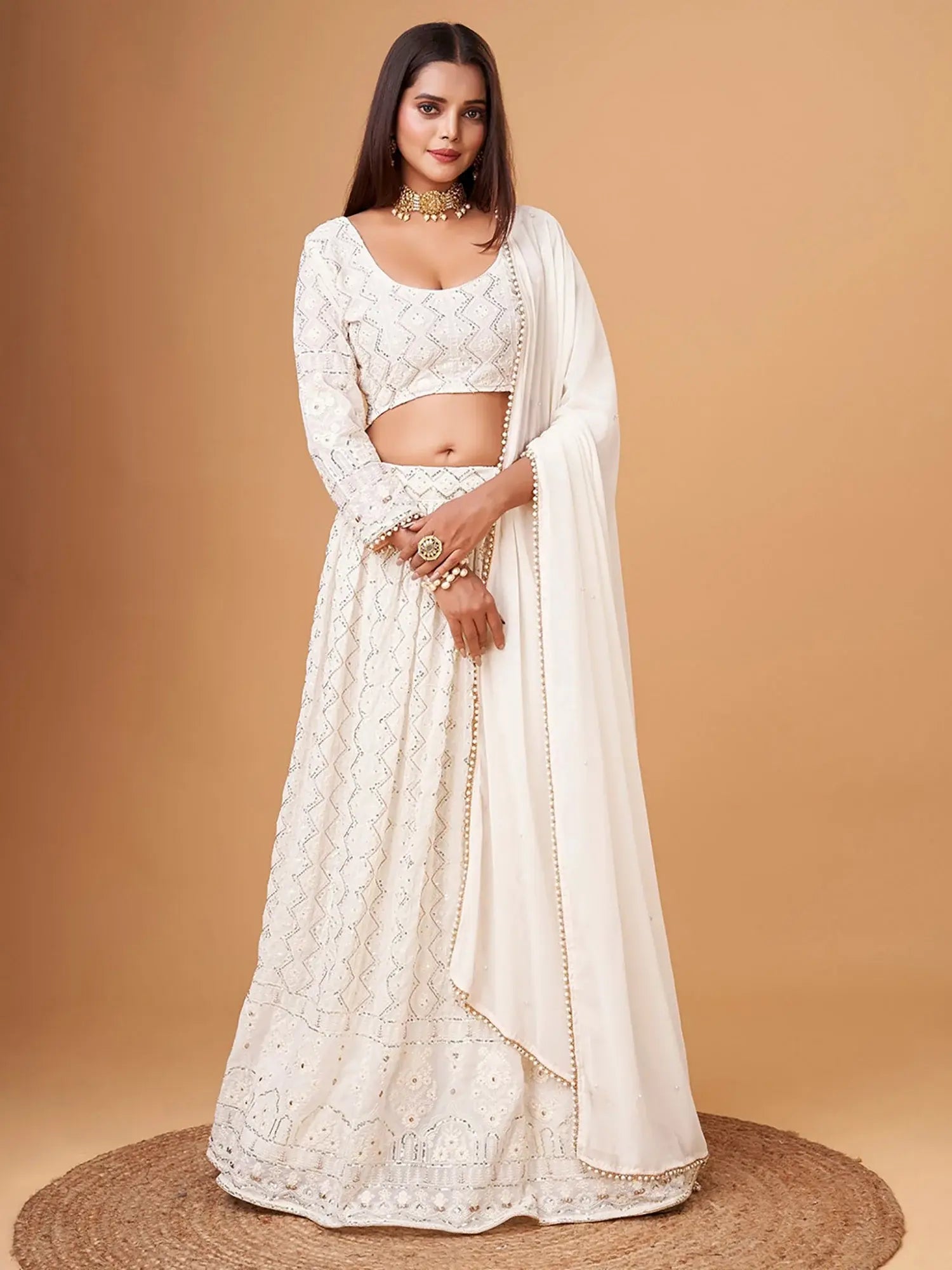 Mesmerizing White Thread Work Georgette Lehenga Choli With Dupatta - Zeel Clothing
