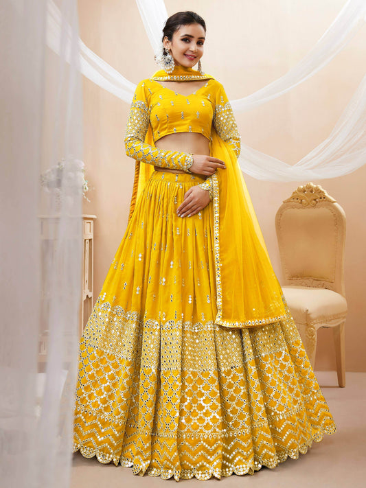 Mesmerizing Yellow Sequins Georgette Haldi Wear Lehenga Choli - Zeel Clothing