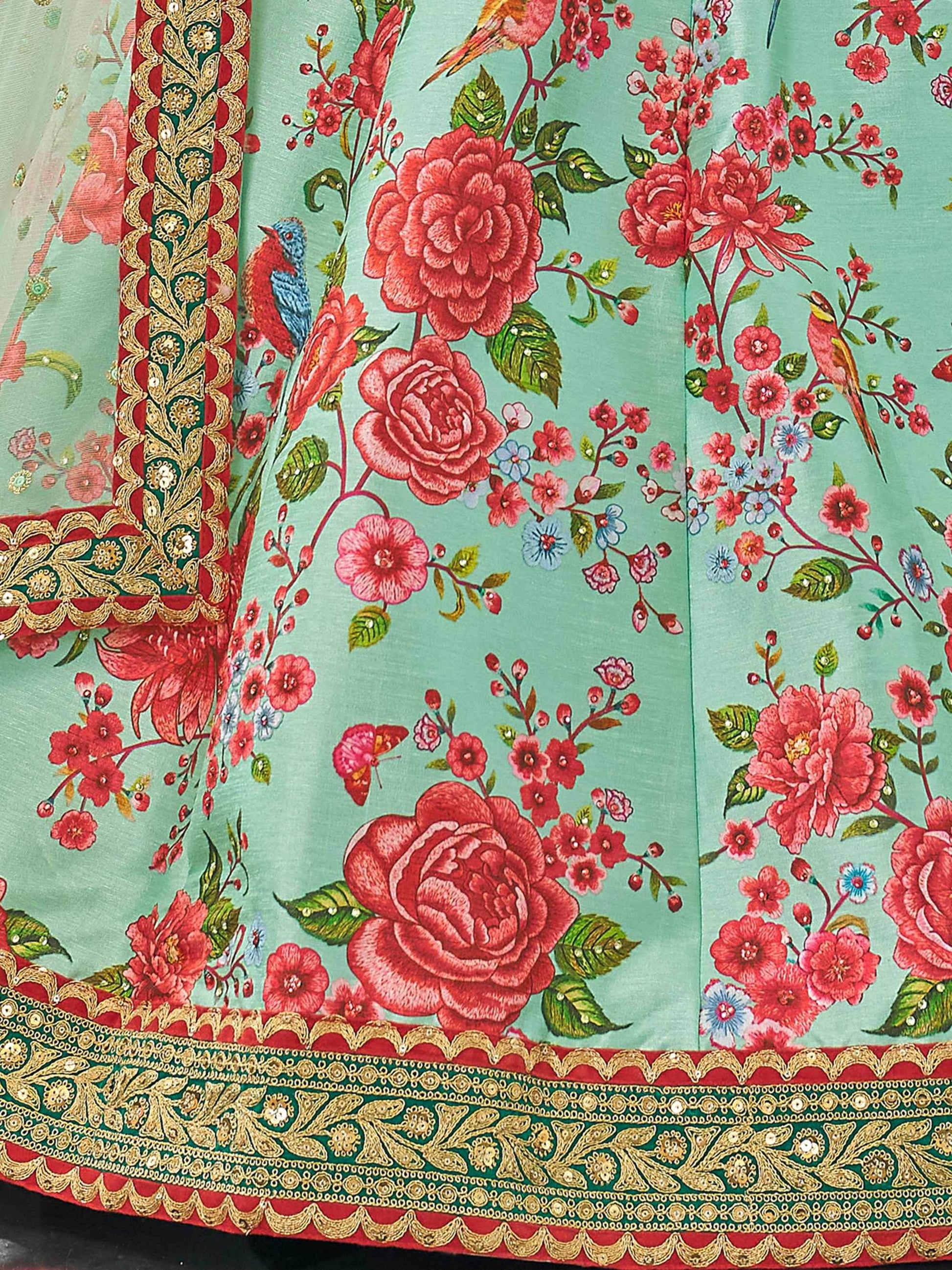 Mint Green Floral Printed Art Silk Wedding Wear Lehenga Choli - Zeel Clothing