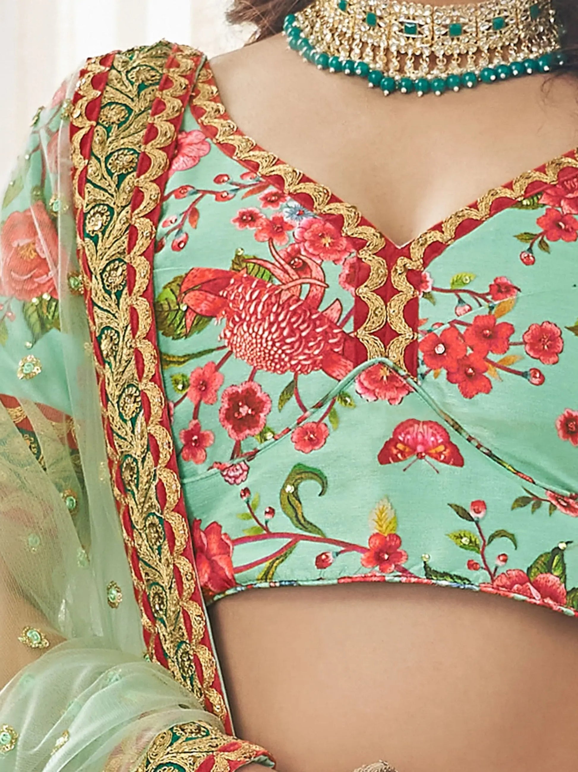 Mint Green Floral Printed Art Silk Wedding Wear Lehenga Choli - Zeel Clothing