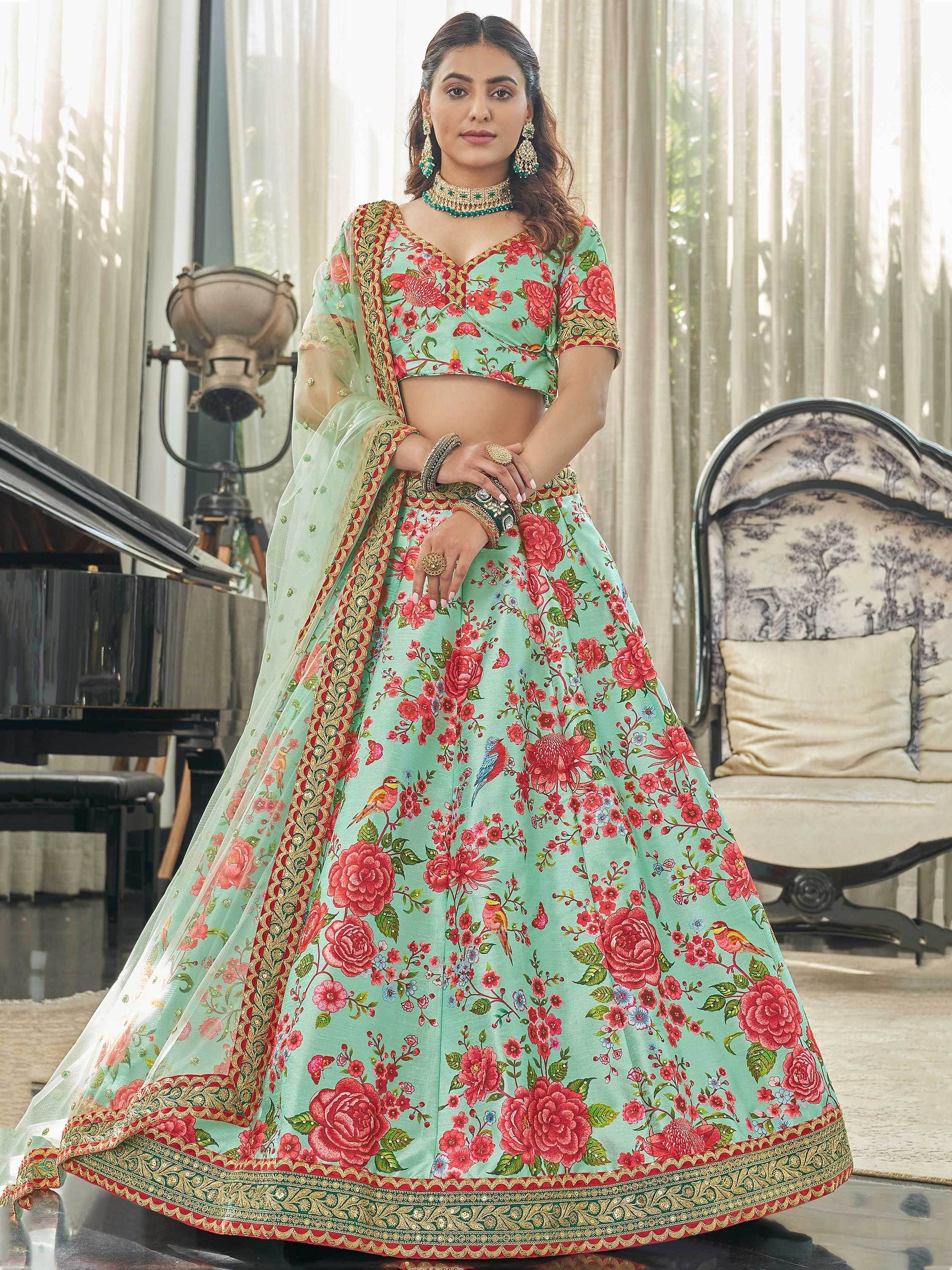 Mint Green Floral Printed Art Silk Wedding Wear Lehenga Choli - Zeel Clothing