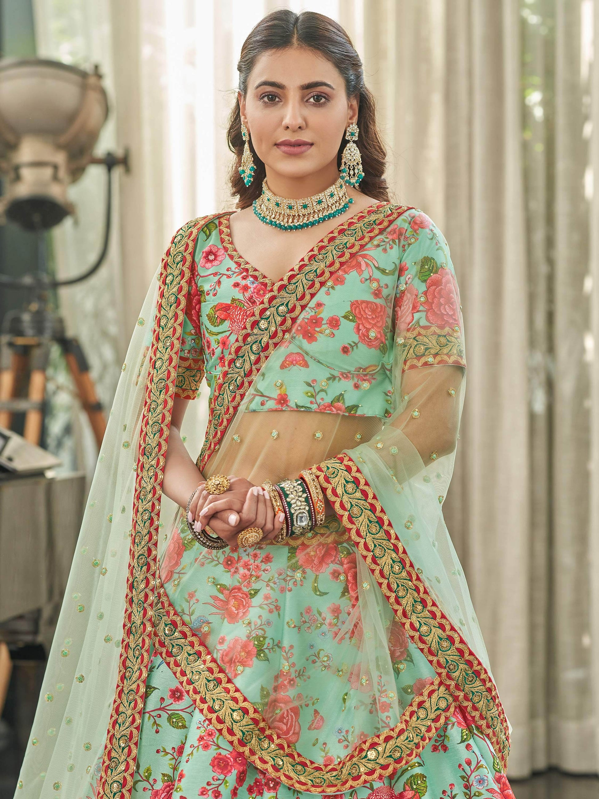 Mint Green Floral Printed Art Silk Wedding Wear Lehenga Choli - Zeel Clothing