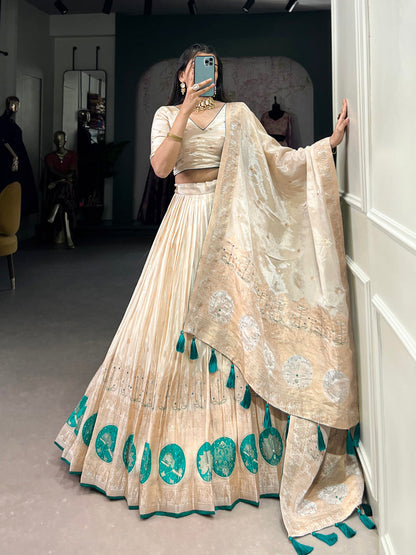 Bottle Green Color Mirror And Bids (Moti) Handwork Shimmer With Weaving Work Lehenga Choli