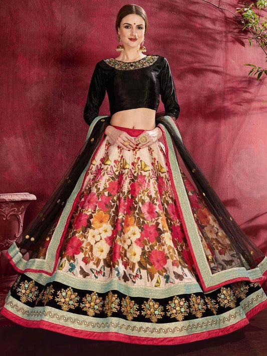 Multi-Color Floral Print Banglori Silk Reception Wear Lehenga Choli - Zeel Clothing
