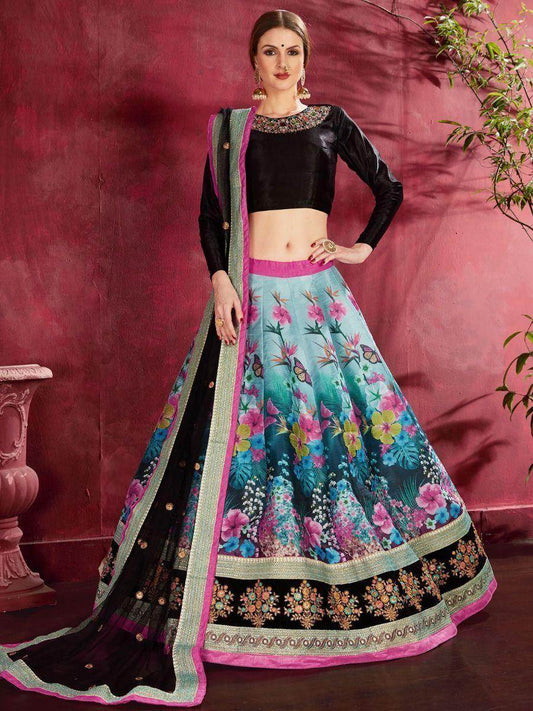 Multi-Color Floral Print Banglori Silk Wedding Wear Lehenga Choli - Zeel Clothing
