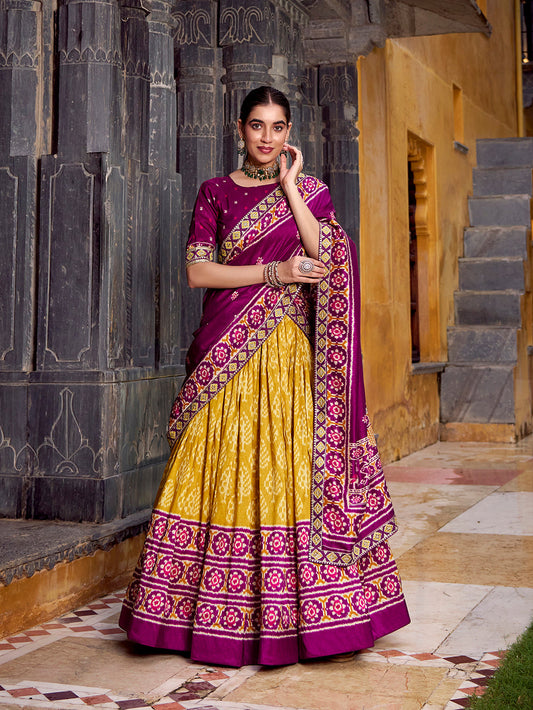 Mustard Color Ikkat Patola Printed Tasar Silk Lehenga Choli