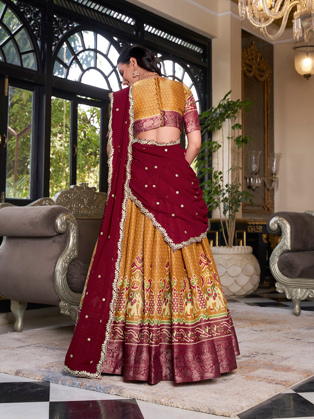 Mustard Color Printed With Zari Weaving Work Kanchipuram Lehenga Choli