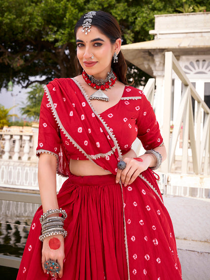 Red Color Bandhej Print With Lace Touch Up Chanderi Chaniya Choli