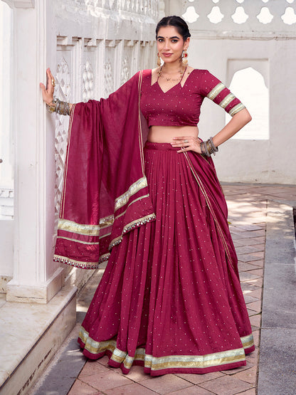 Maroon Color Zari Weaving Work With Embossed Design Chanderi Lehenga Choli
