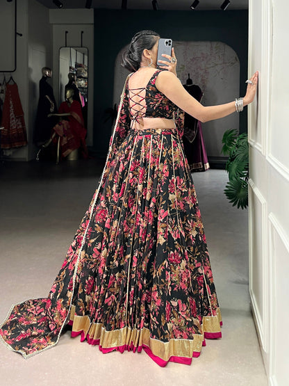 Black Color Floral And Foil Print With Embossed Design Chiffon Ghaghra choli