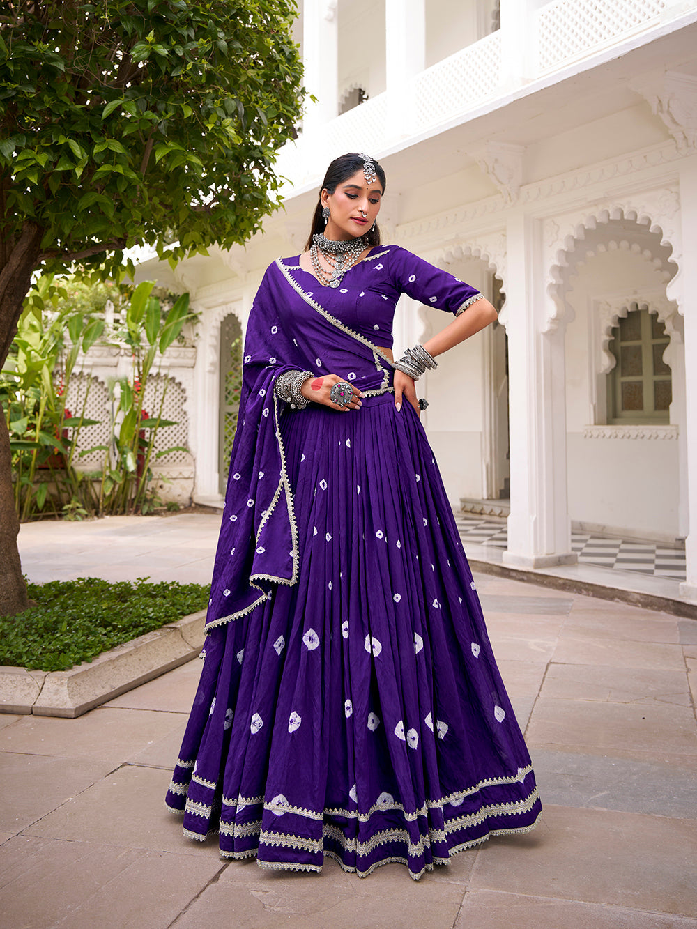 Purple Color Bandhej Print With Lace Touch Up Chanderi Chaniya Choli