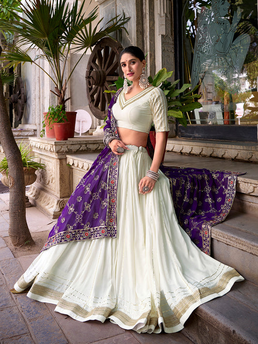 White Color Zari Weaving Work With Lace Touch Up Rayon Lehenga choli