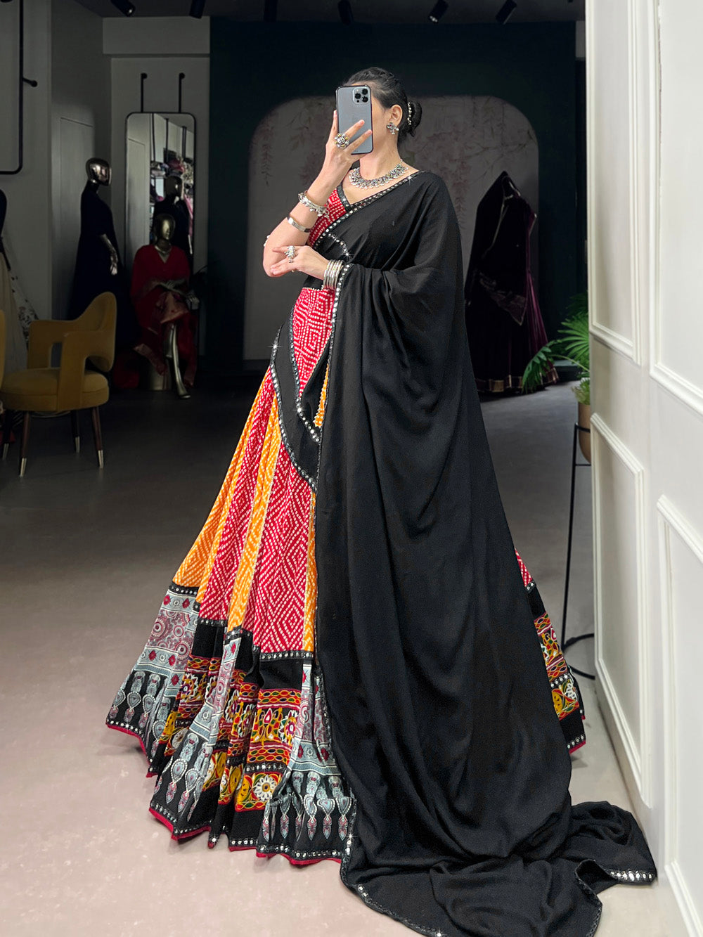 Yellow Color Bandhej And Ajarakh Printed Rayon Chaniya Choli