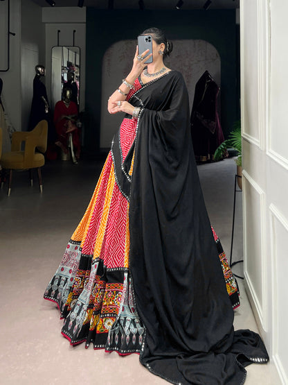 Yellow Color Bandhej And Ajarakh Printed Rayon Chaniya Choli