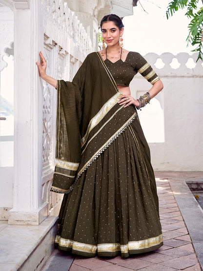 Mehendi Color Zari Weaving Work With Embossed Design Chanderi Lehenga Choli