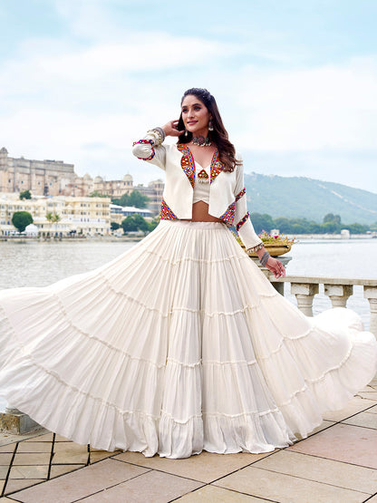 White Color Gamthi Work With Cowrie Touch Up Rayon Co-Ord Set