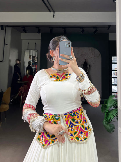 White Color Multi Patch With Lace Touch Up Rayon Chaniya Choli