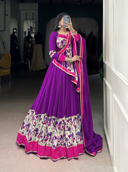 Purple Color Printed And Original Mirror Lace Border Rayon Lehenga Choli