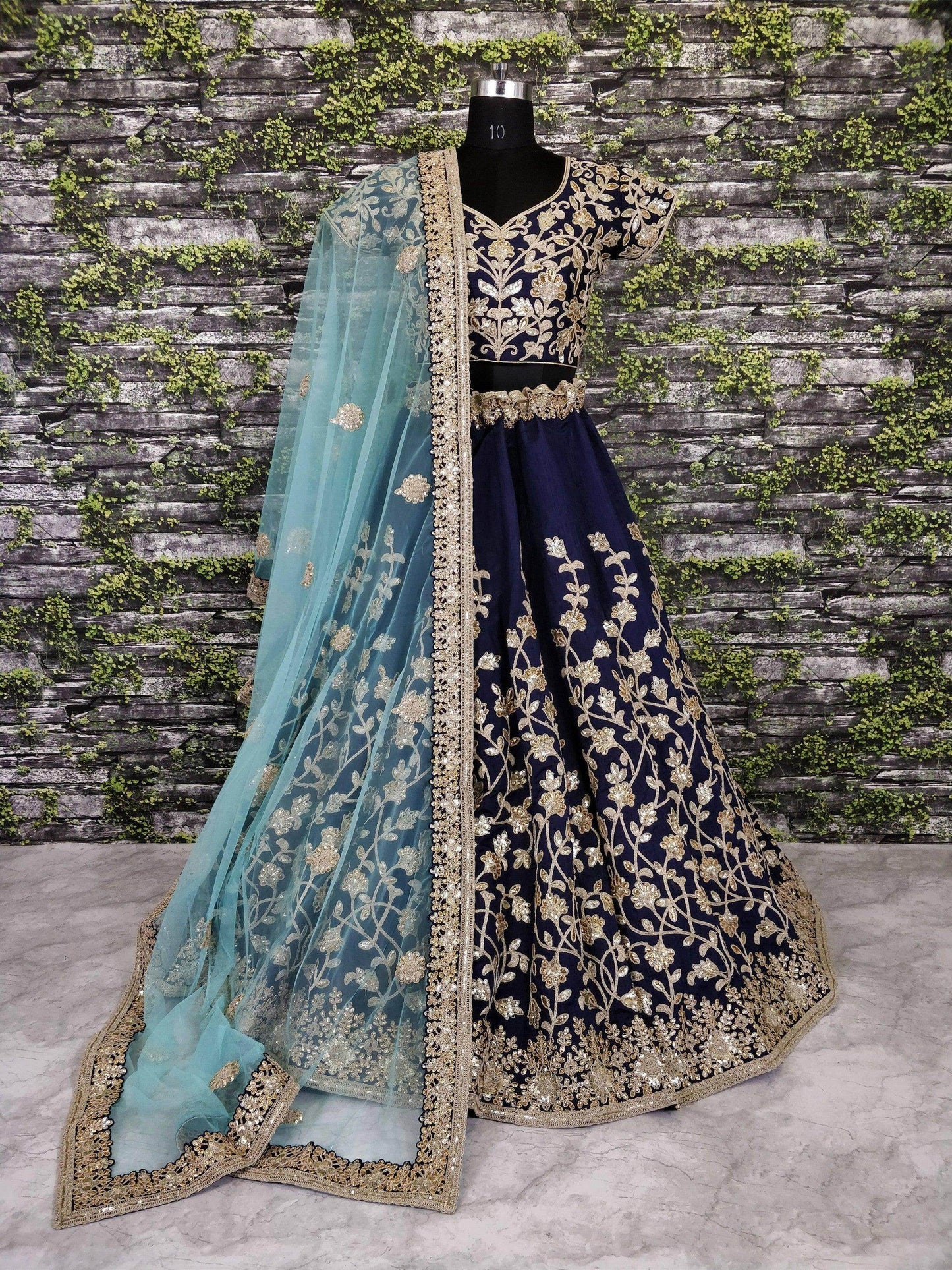 Navy Blue Banglory Silk Lehenga Choli with Applique Embroidery work - Zeel Clothing