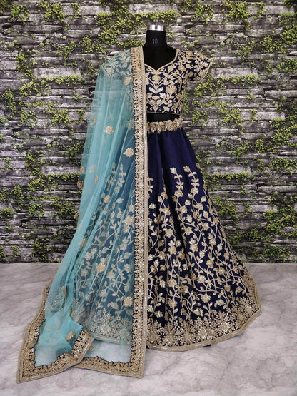 Navy Blue Banglory Silk Lehenga Choli with Applique Embroidery work - Zeel Clothing