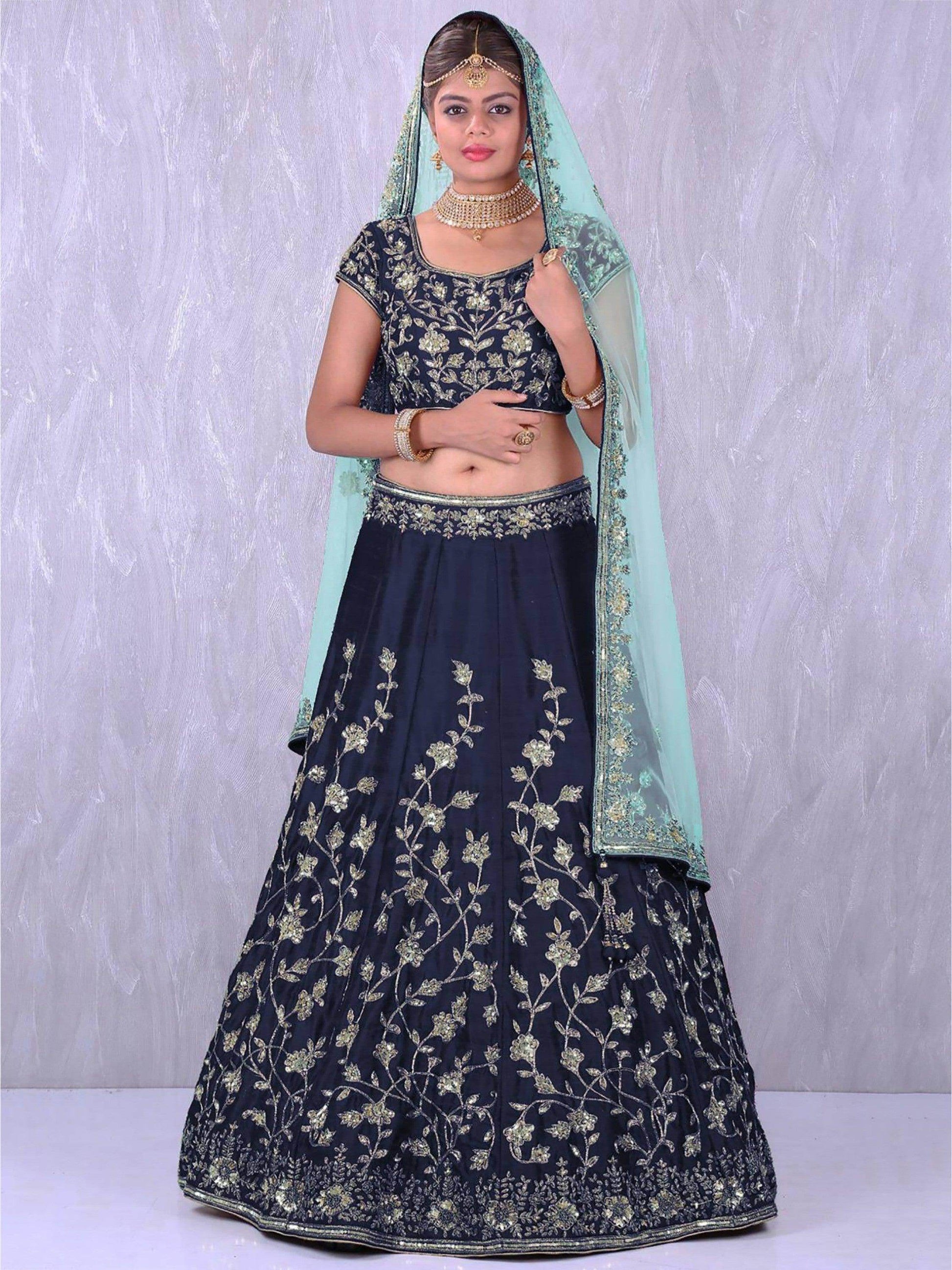 Navy Blue Banglory Silk Lehenga Choli with Applique Embroidery work - Zeel Clothing