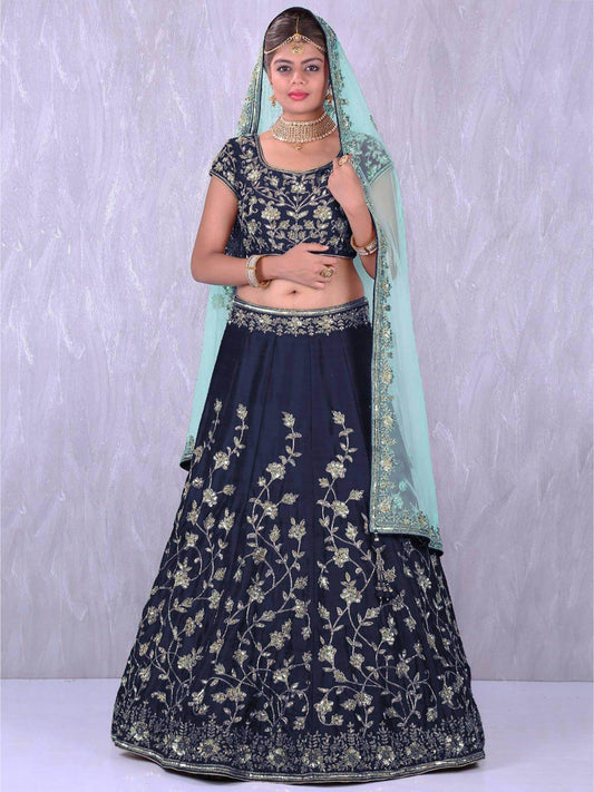 Navy Blue Banglory Silk Lehenga Choli with Applique Embroidery work - Zeel Clothing