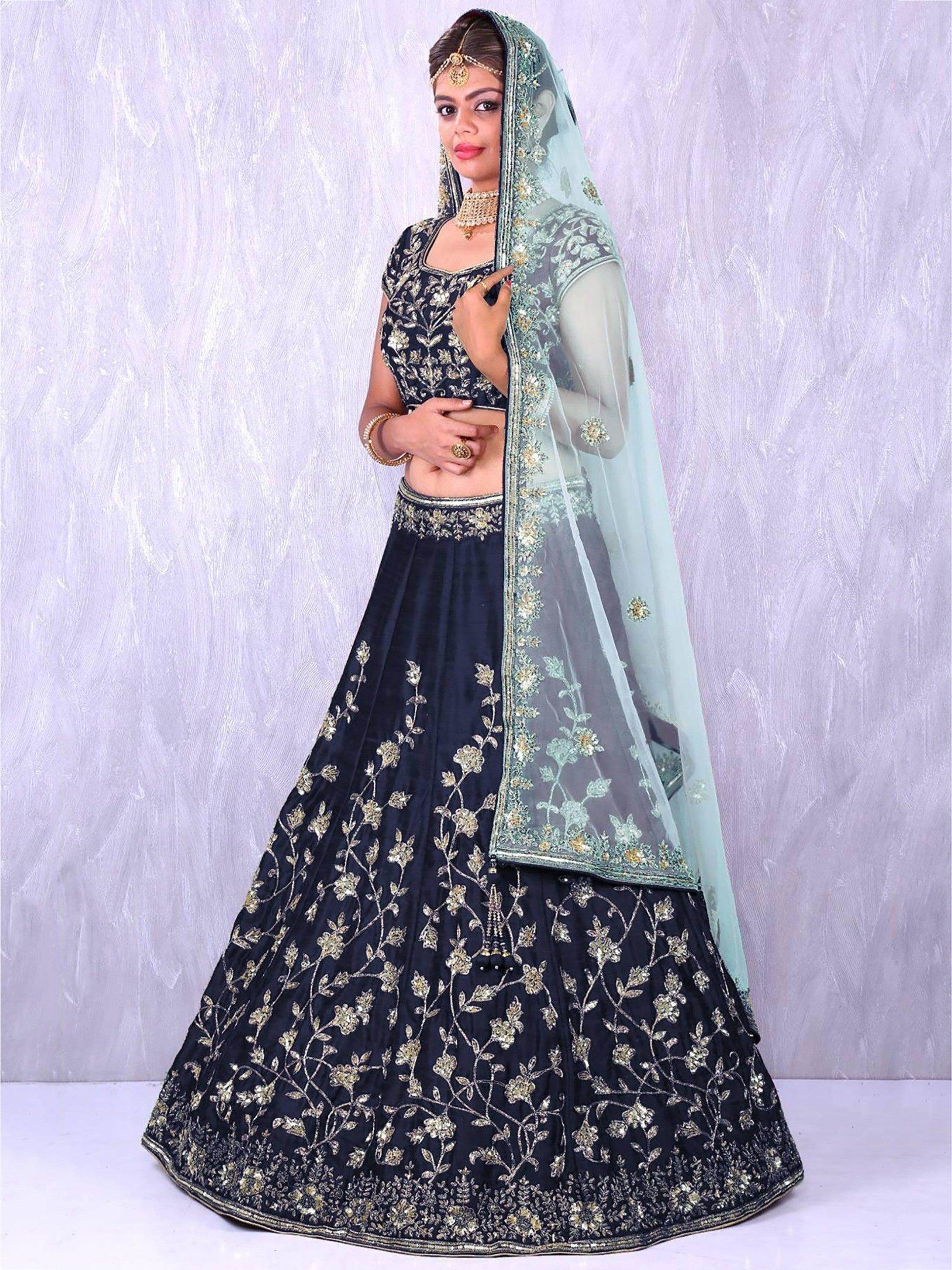 Navy Blue Banglory Silk Lehenga Choli with Applique Embroidery work - Zeel Clothing