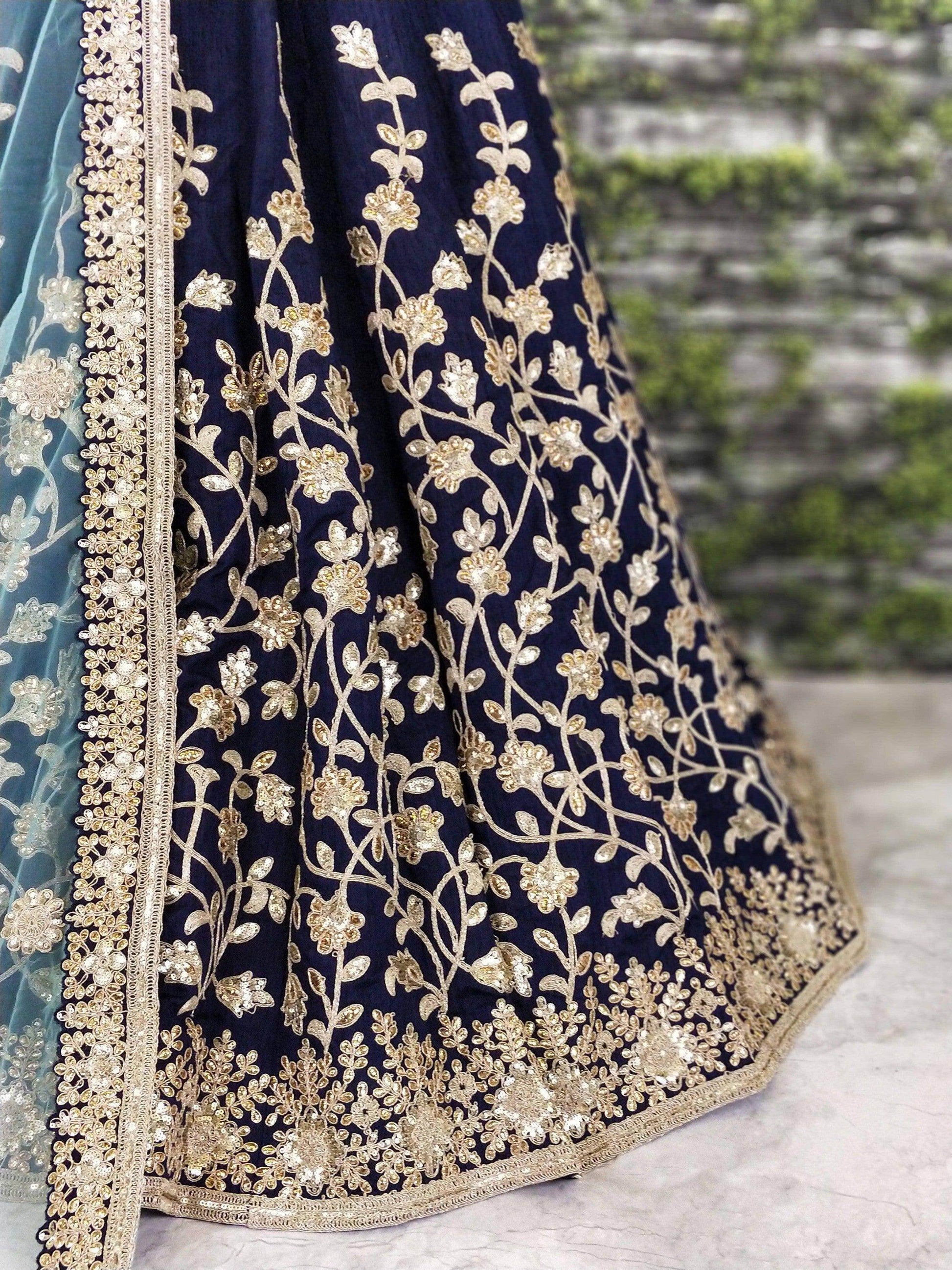 Navy Blue Banglory Silk Lehenga Choli with Applique Embroidery work - Zeel Clothing