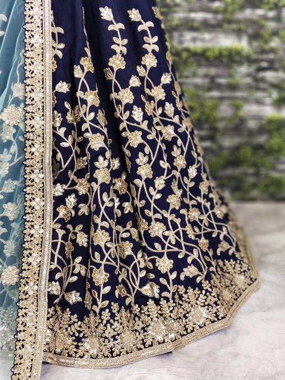 Navy Blue Banglory Silk Lehenga Choli with Applique Embroidery work - Zeel Clothing