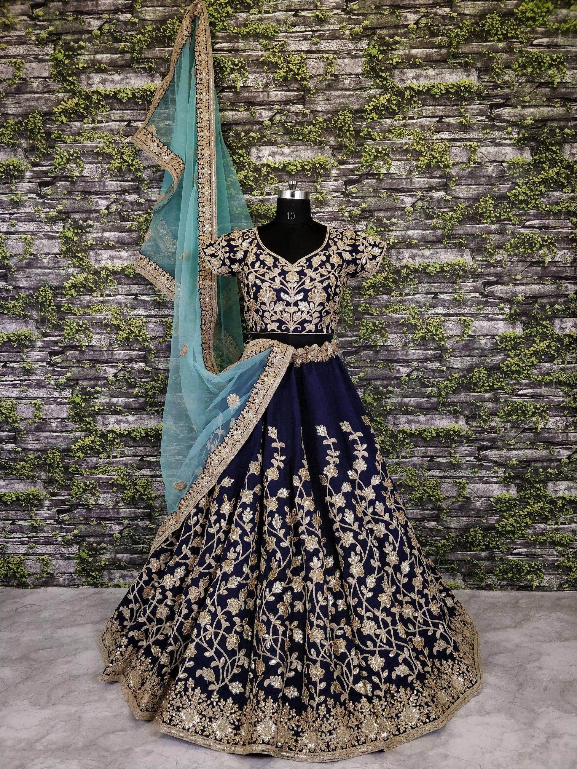 Navy Blue Banglory Silk Lehenga Choli with Applique Embroidery work - Zeel Clothing
