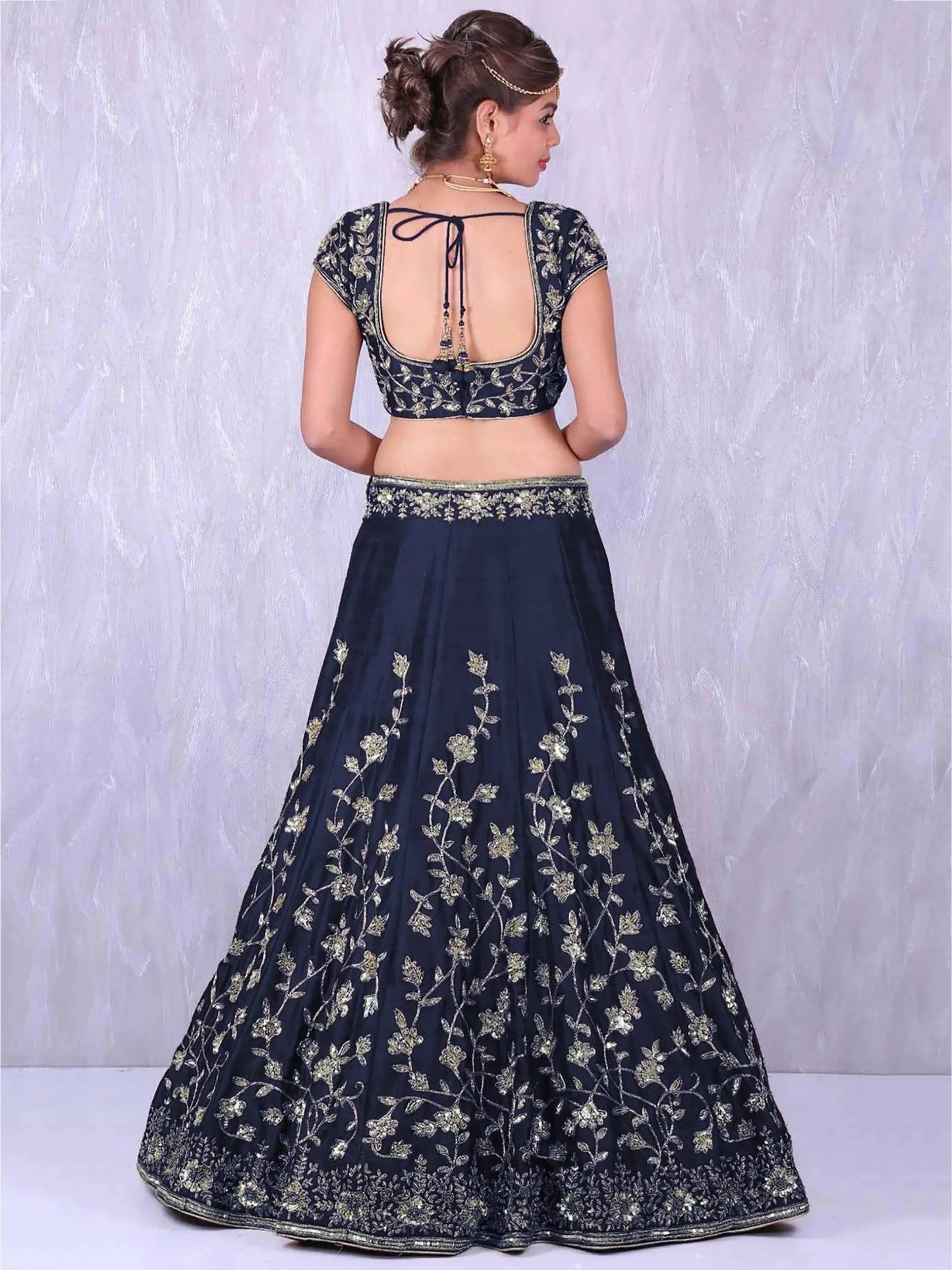 Navy Blue Banglory Silk Lehenga Choli with Applique Embroidery work - Zeel Clothing