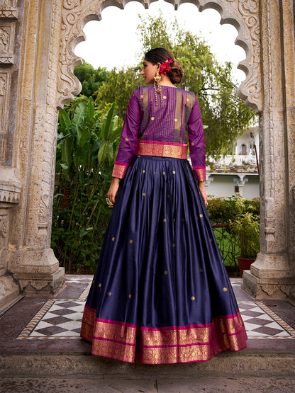 Navy Blue Color Zari Weaving Work Poly Cotton Lehenga Choli