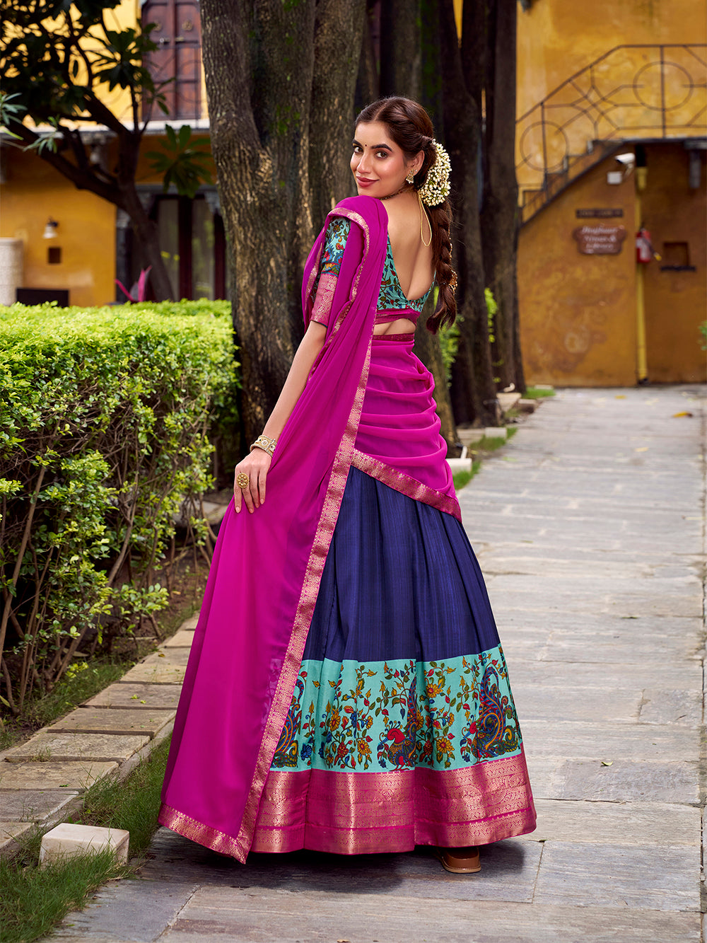 Navy Blue Color Printed With Zari Weaving Work Astha Silk Lehenga Choli