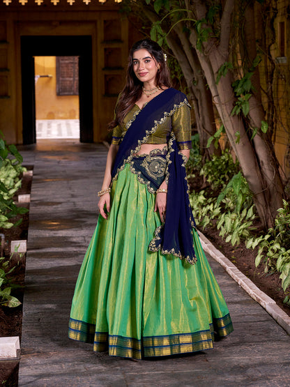 Navy Blue Color Sequince And Thread Embroidery Work Kanchipuram Lehenga Choli
