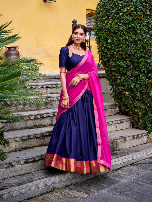Navy Blue Color Zari Weaving Work Poly Cotton Lehenga choli