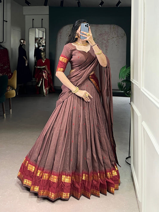 Brown Color Zari Weaving Work Chanderi Lehenga Choli