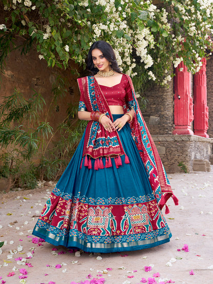 Teal Color Patola Printed Tussar Silk Lehenga Choli