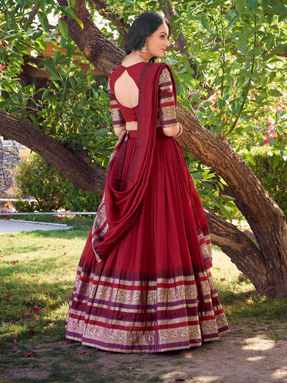 Red Color Plain With Zari Weaving Work Chanderi Silk Lehenga Choli