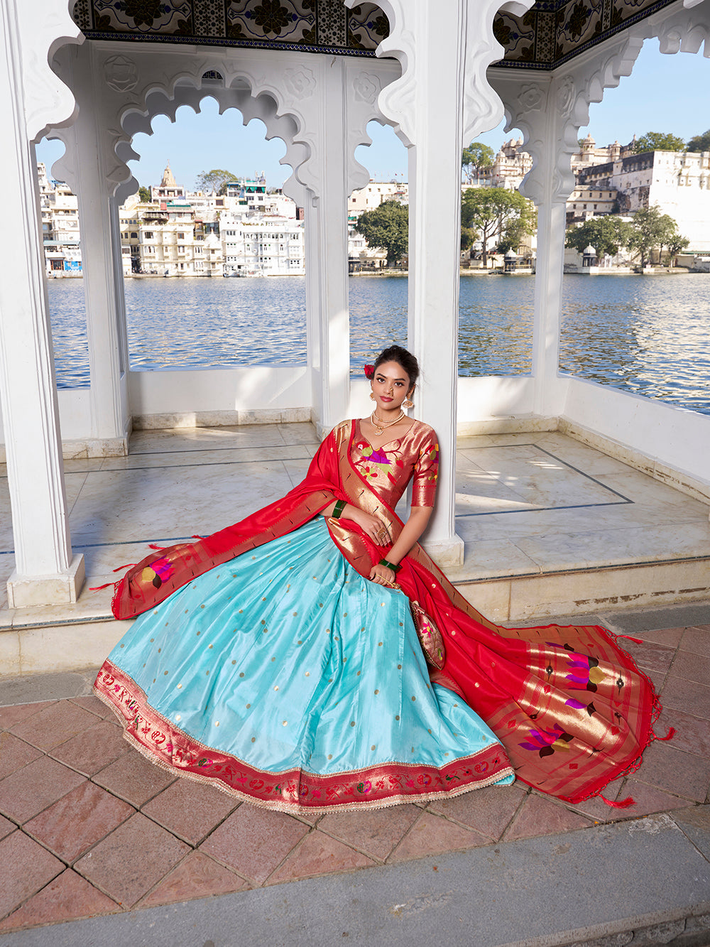 Sky Blue Weaving Zari Work With Jacquard Silk (Paithani) South Lehenga Choli