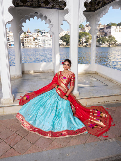 Sky Blue Weaving Zari Work With Jacquard Silk (Paithani) South Lehenga Choli