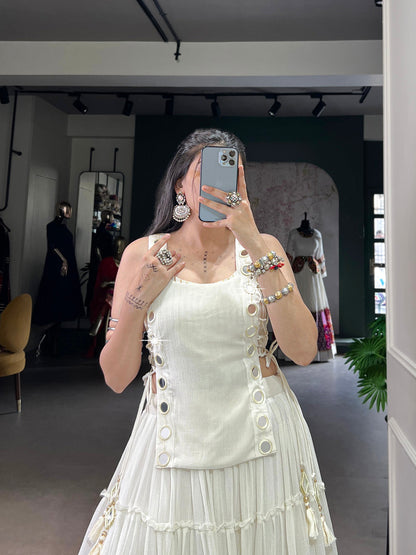 White Color Embossed Design Lace Border Marbel Chaniya Choli