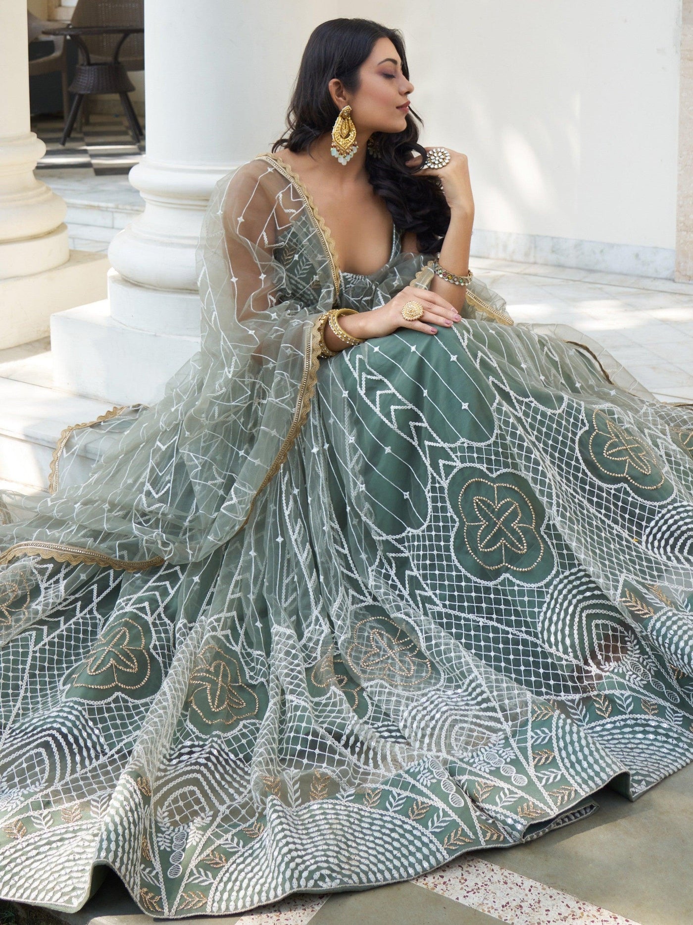 Enchanting Dusty Green Thread Work Net Bridesmaid Lehenga Choli