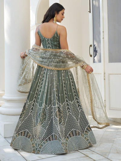 Enchanting Dusty Green Thread Work Net Bridesmaid Lehenga Choli