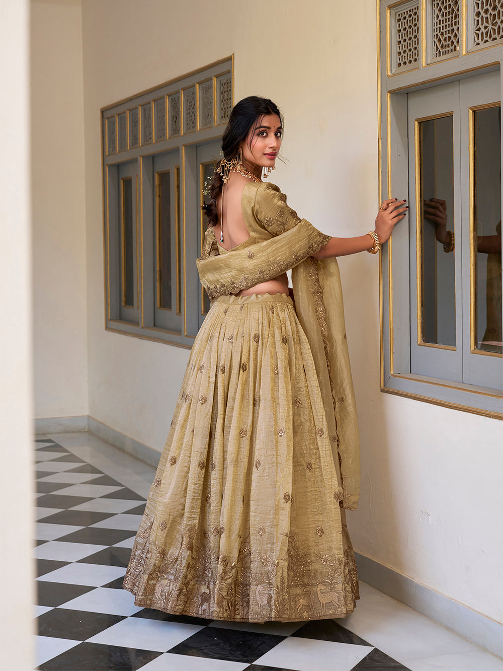 Off White Color Sequins and Thread Embroidery Work Gold Crush Lehenga Choli