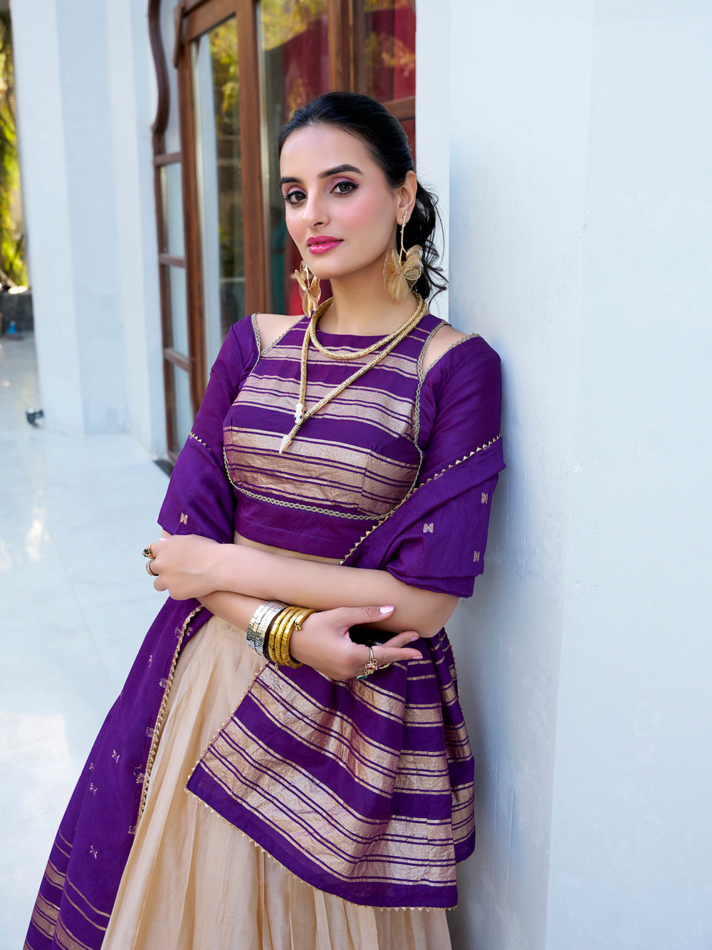 Cream Color Plain With Zari Weaving Work border Pure Chanderi Lehenga Choli