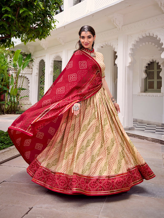Off White Color Bandhej Print With Gotta Patti Lace Tasar Silk Lehenga Choli