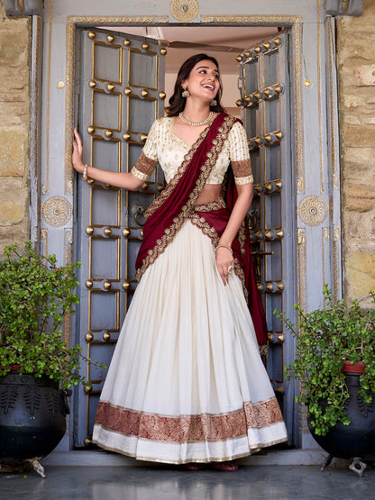 Off White Color Zari Weaving Work Lace Border Vichitra Silk Lehenga Choli