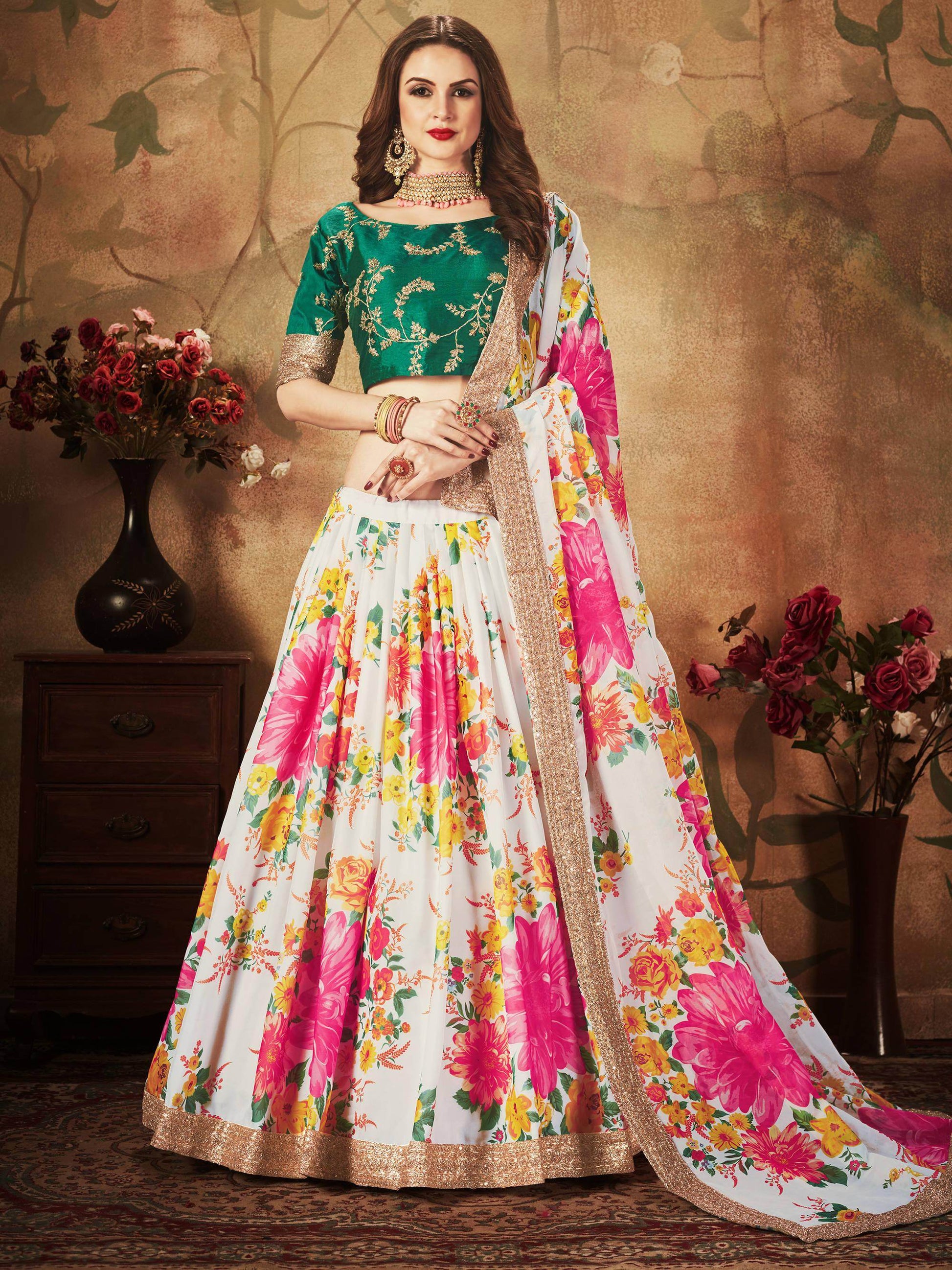 Off-White Floral Digital Printed Organza Bridal Lehenga Choli - Zeel Clothing